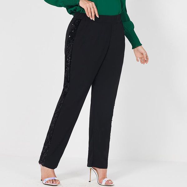 women's pants & capris product ladies fashion elastic waist sequined webbing stitching pure black loose large size trousers, Black;white
women's pants & capris product ladies fashion elastic waist sequined webbing stitching pure black loose large size trousers, Black;white