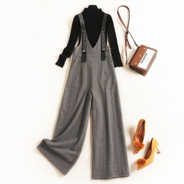 short basic knitted sweater and wool overalls suit pants girly spring office lady twinset, White;black
short basic knitted sweater and wool overalls suit pants girly spring office lady twinset, White;black