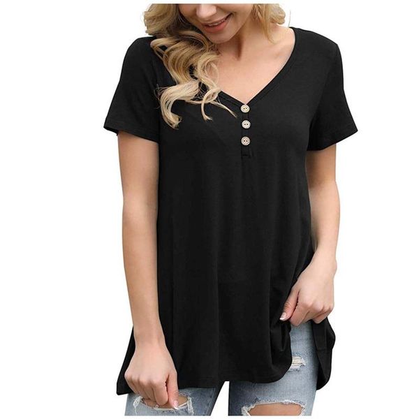 women's t-shirt summer ladies fashion v-neck solid color button short-sleeved shirt 02*, White
women's t-shirt summer ladies fashion v-neck solid color button short-sleeved shirt 02*, White