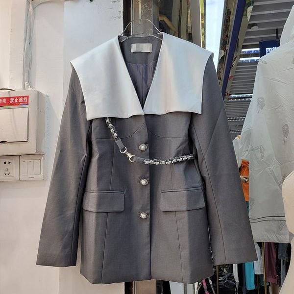 women's jackets zcsmll fall 2021 fashion pearl chain buckle waist decoration contrast color navy collar loose suit jacket women, Black;brown
women's jackets zcsmll fall 2021 fashion pearl chain buckle waist decoration contrast color navy collar loose suit jacket women, Black;brown