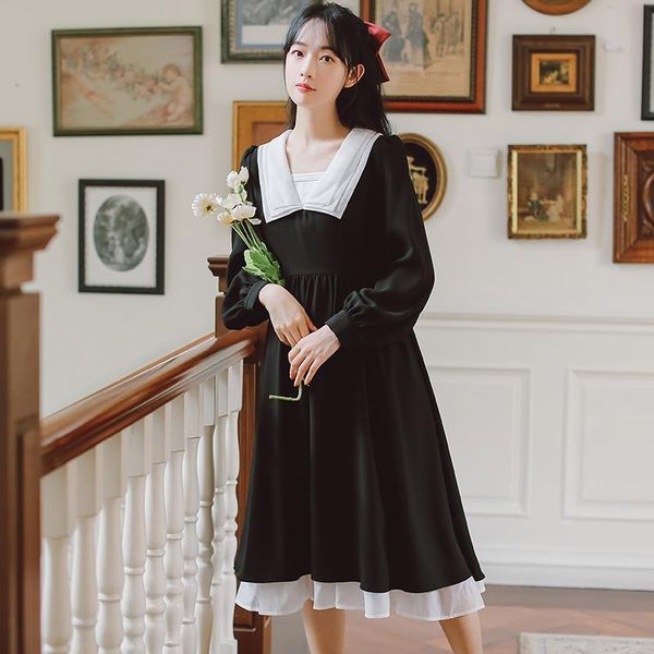 casual dresses autumn sweet women dress vintage high waist loose black chiffon long sleeve patchwork female 2021, Black;gray
casual dresses autumn sweet women dress vintage high waist loose black chiffon long sleeve patchwork female 2021, Black;gray