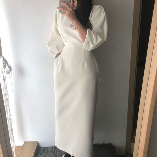 women french office dresses spring autumn vintage lantern sleeve bodycon dress ladies slim elegant work wear white robe vestidos 210602, Black;gray
women french office dresses spring autumn vintage lantern sleeve bodycon dress ladies slim elegant work wear white robe vestidos 210602, Black;gray