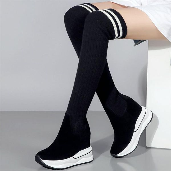 boots fashion sneakers women genuine leather wedges high heel over the knee female knitting stockings stretchy thigh pumps, Black