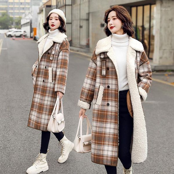women's wool & blends cashmere thickened woolen overcoat 2021 winter loose check medium length parka coat lamb hair, Black
women's wool & blends cashmere thickened woolen overcoat 2021 winter loose check medium length parka coat lamb hair, Black