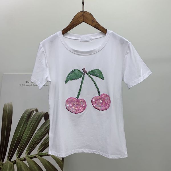 women's t-shirt fashionable ladies casual cherry applique sequin op short sleeved o neck female w8c3, White
women's t-shirt fashionable ladies casual cherry applique sequin op short sleeved o neck female w8c3, White