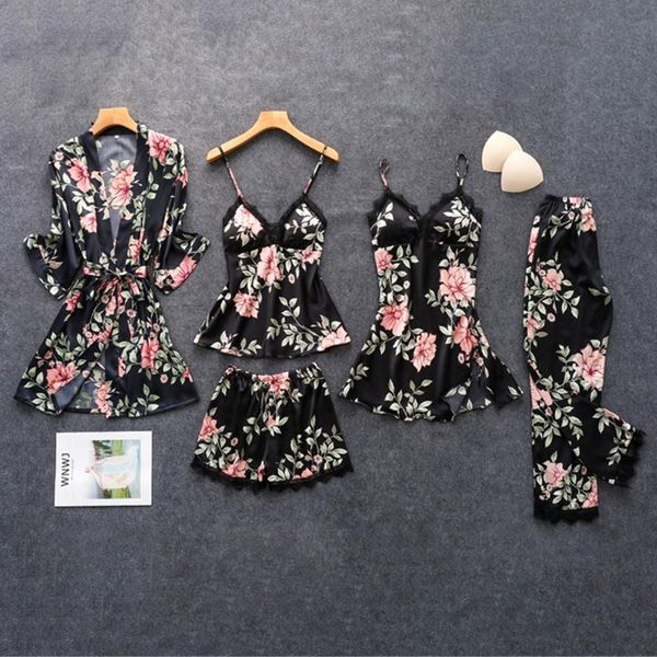 4 women sleepwear 5pc pajamas sets lace satin robe bathrobe trousers shorts lingerie set with chest pads, Black;red
4 women sleepwear 5pc pajamas sets lace satin robe bathrobe trousers shorts lingerie set with chest pads, Black;red