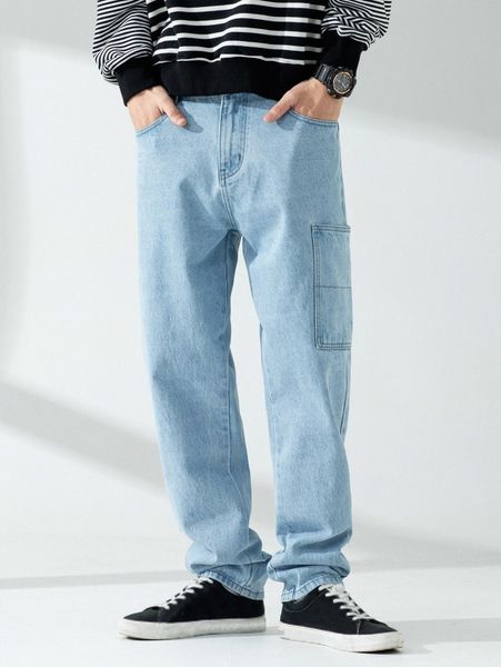 men light wash patched pocket tapered jeans y4ez#, Blue
men light wash patched pocket tapered jeans y4ez#, Blue