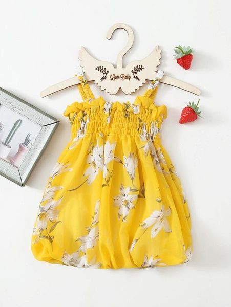 baby girl floral ruffle shirred cami dress she, Red;yellow