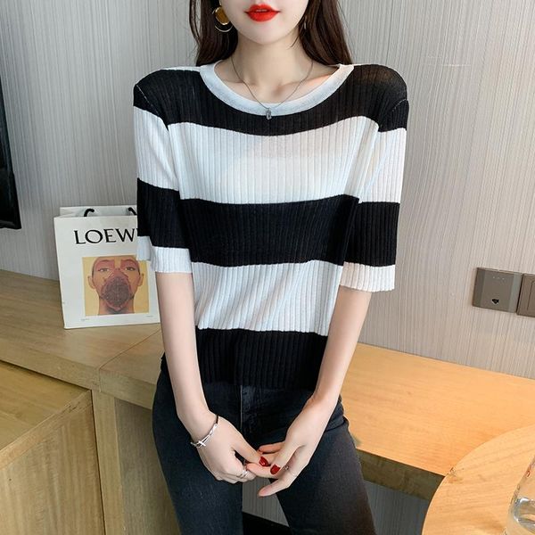 women's t-shirt real s sleeve color matching ice thin female summer round neck stripe short versatile student top, White
women's t-shirt real s sleeve color matching ice thin female summer round neck stripe short versatile student top, White