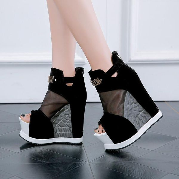 women's summer hollow mesh patchwork super high wedge sandals fashion female platform peep toe ankle-wrap, Black
women's summer hollow mesh patchwork super high wedge sandals fashion female platform peep toe ankle-wrap, Black