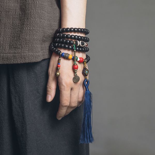qu weihua national style black sandalwood drum bead bracelet female literature and art color tassel dance accessories necklace, Golden;silver 
qu weihua national style black sandalwood drum bead bracelet female literature and art color tassel dance accessories necklace, Golden;silver