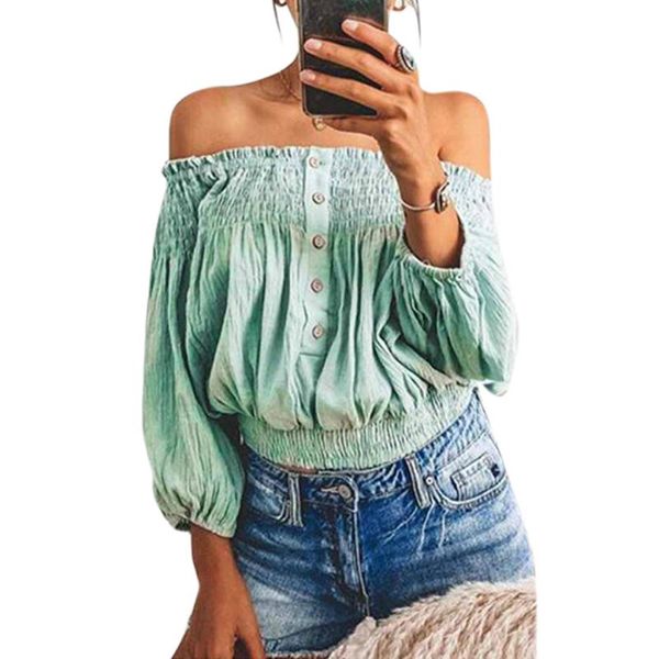 women's t-shirt #w solid color women shirt slash collar lantern sleeves button pleated short ladies clothing street style top, White
women's t-shirt #w solid color women shirt slash collar lantern sleeves button pleated short ladies clothing street style top, White