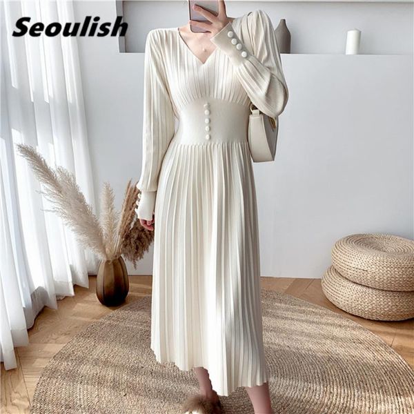 casual dresses seoulish autumn winter v neck knitted elegant solid high waist long sleeve women's a-line sweater dress 2021, Black;gray
casual dresses seoulish autumn winter v neck knitted elegant solid high waist long sleeve women's a-line sweater dress 2021, Black;gray