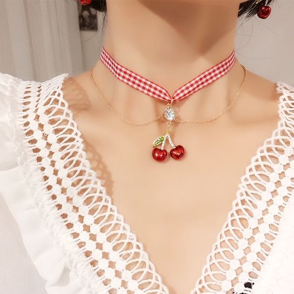 design jewelry miao red cherry pendant set with crystal brass red small plaid cloth neck chain fashion women's necklace, Golden
design jewelry miao red cherry pendant set with crystal brass red small plaid cloth neck chain fashion women's necklace, Golden