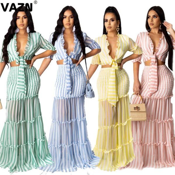 women's tracksuits vazn young fashion 2021 summer lady 4 colors striped 2-piec elong set short sleeve knotted floor-length skirts, Gray
women's tracksuits vazn young fashion 2021 summer lady 4 colors striped 2-piec elong set short sleeve knotted floor-length skirts, Gray