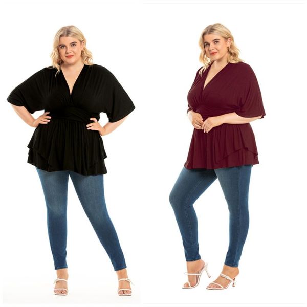 plus size t-shirt 2021 european and american style v-neck half sleeve solid color loose shirt for women, Black 
plus size t-shirt 2021 european and american style v-neck half sleeve solid color loose shirt for women, Black