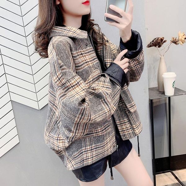 women's wool & blends woolen plaid jacket autumn and winter retro loose lazy blouse all-match hong kong style short thick coat, Black
women's wool & blends woolen plaid jacket autumn and winter retro loose lazy blouse all-match hong kong style short thick coat, Black