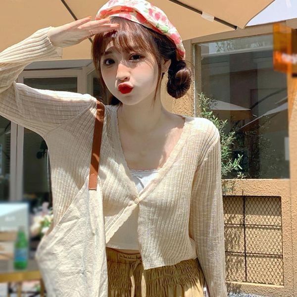 women's t-shirt ultra-thin ice silk cardigan female summer cute sweet waves outside the sun taps v-neck short knitting breathable top, White 
women's t-shirt ultra-thin ice silk cardigan female summer cute sweet waves outside the sun taps v-neck short knitting breathable top, White