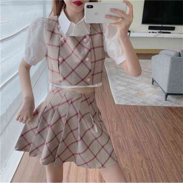 summer 3 piece set women sweet white puff sleeve short shirt + plaid double breasted vest high waist pleated mini skirts 210519
summer 3 piece set women sweet white puff sleeve short shirt + plaid double breasted vest high waist pleated mini skirts 210519