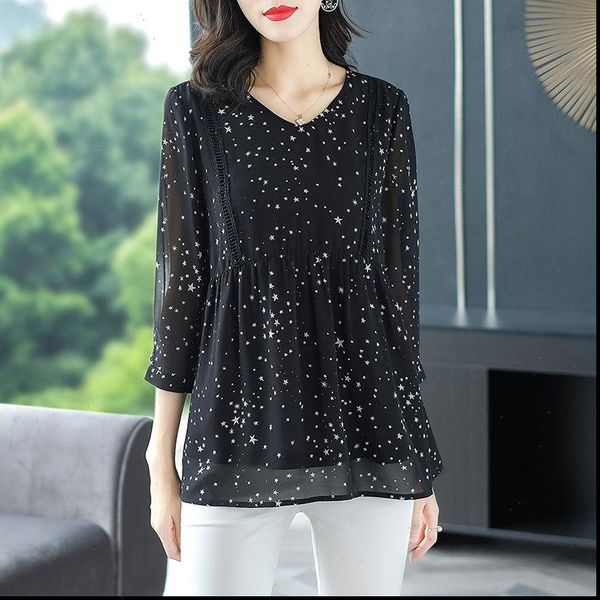 v neck 3 4 women blouses sleeve chiffon mid length geometric print stars loose thin section cool stitching spring, White
v neck 3 4 women blouses sleeve chiffon mid length geometric print stars loose thin section cool stitching spring, White