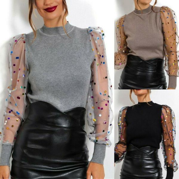 women's mesh transparent puff sleeve blouse slim fit sheer shiny casual female knit loose shirt blouses & shirts, White
women's mesh transparent puff sleeve blouse slim fit sheer shiny casual female knit loose shirt blouses & shirts, White