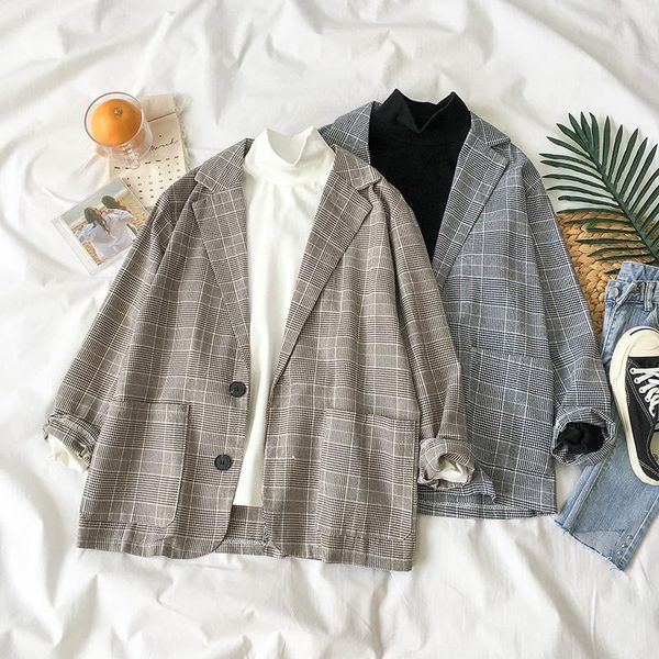 women's jackets spring autumn 2021 jacket korean female students loose casual business suit collar office plaid coat fashion coats, Black;brown
women's jackets spring autumn 2021 jacket korean female students loose casual business suit collar office plaid coat fashion coats, Black;brown