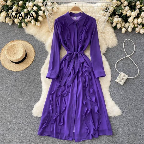 casual dresses purple dress women's turn down collar single breasted lace up waist ruffle temperament maxi vestidos robe, Black;gray
casual dresses purple dress women's turn down collar single breasted lace up waist ruffle temperament maxi vestidos robe, Black;gray