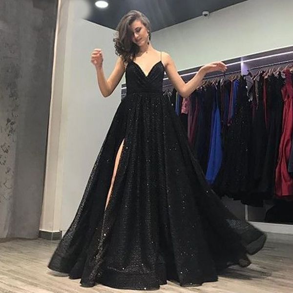 v-neckline backless prom long evening dresses with split a-line spaghetti straps sweep train black sequined party dress
v-neckline backless prom long evening dresses with split a-line spaghetti straps sweep train black sequined party dress