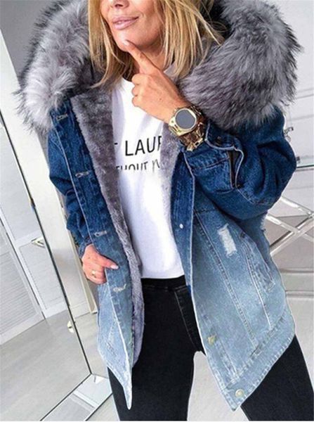 women's gradient jean wool with leather collar cotton denim winter jacket sleeve plus size thicken outerwear, Black;brown
women's gradient jean wool with leather collar cotton denim winter jacket sleeve plus size thicken outerwear, Black;brown