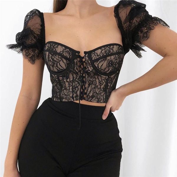 women's blouses & shirts 2021 women lace bandage puff sleeve summer fashion slim black square collar backless short beautiful, White
women's blouses & shirts 2021 women lace bandage puff sleeve summer fashion slim black square collar backless short beautiful, White