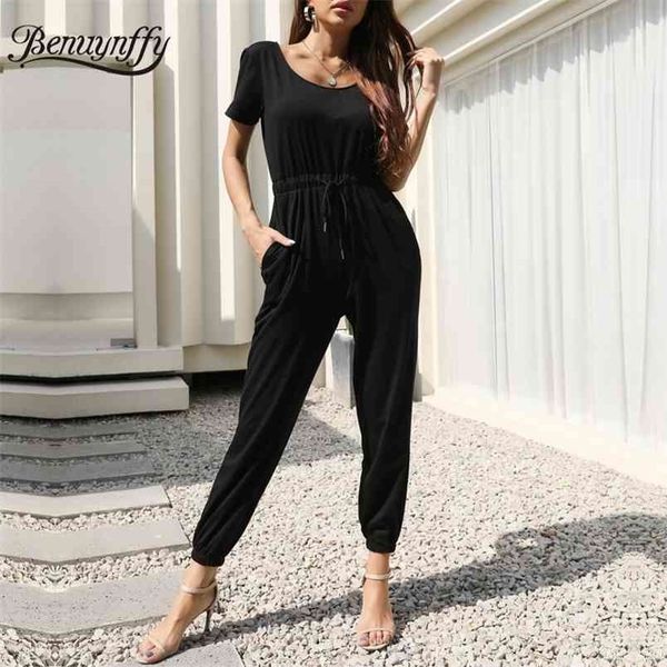 round neck solid drawstring jumpsuits women summer korean sport style black short sleeve jumpsuit casual overalls 210510, Black;white
round neck solid drawstring jumpsuits women summer korean sport style black short sleeve jumpsuit casual overalls 210510, Black;white