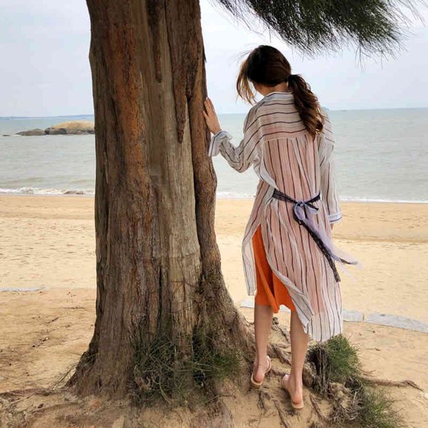 long design causal loose long sleeve turn down collar beach style button line see through women outwear shirts 210522, White
long design causal loose long sleeve turn down collar beach style button line see through women outwear shirts 210522, White