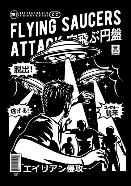 flying saucers attack vintage comic in black & white tee shirt black or white, White;black
flying saucers attack vintage comic in black & white tee shirt black or white, White;black