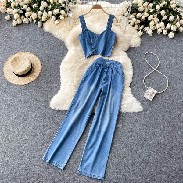 women's two piece pants summer denim suit women short sling v-neck blouse high waist thin wide leg two-piece dk460, White
women's two piece pants summer denim suit women short sling v-neck blouse high waist thin wide leg two-piece dk460, White