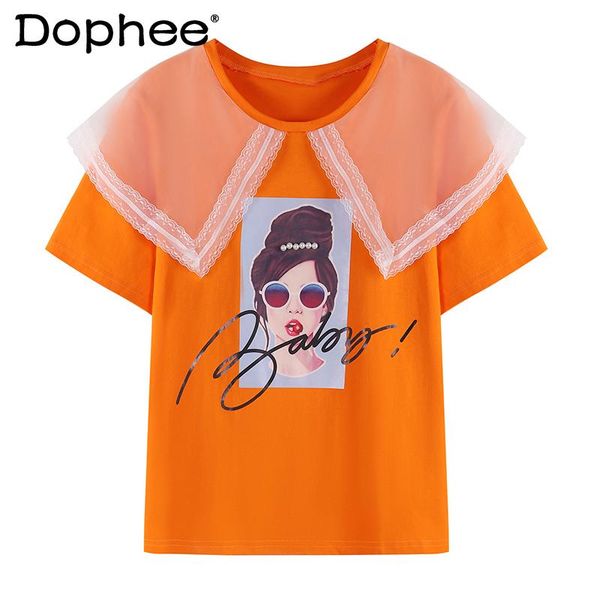 lace mesh stitching doll collar printed beaded short-sleeved t-shirt summer loose fashion all-match tshirt for women women's, White
lace mesh stitching doll collar printed beaded short-sleeved t-shirt summer loose fashion all-match tshirt for women women's, White