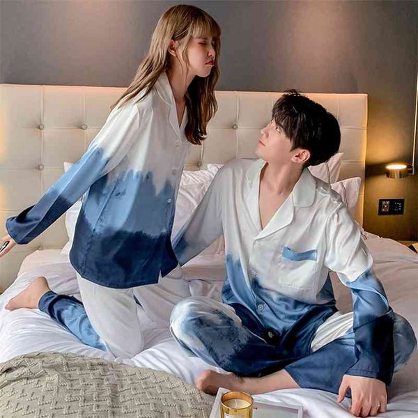 spring women's pajamas set luxury style gradient blue lovers' sleepwear silk like couple home clothes nightwear for men 210330, Black;red
spring women's pajamas set luxury style gradient blue lovers' sleepwear silk like couple home clothes nightwear for men 210330, Black;red