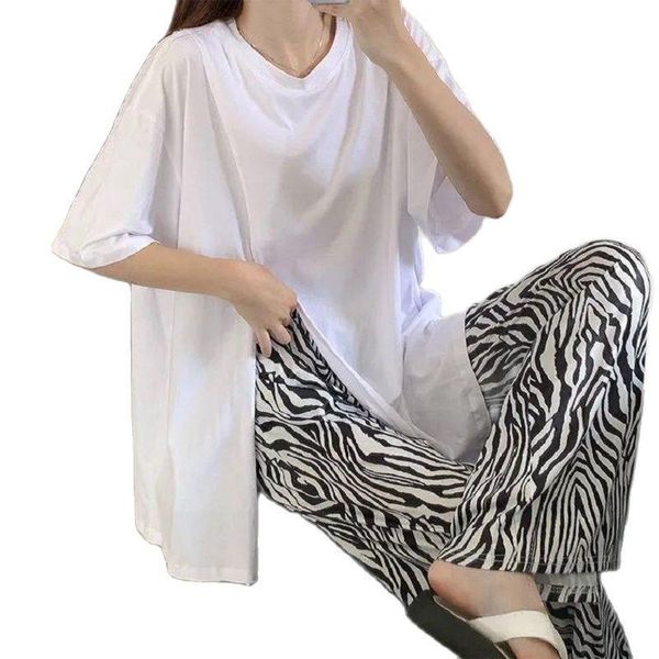 women's two piece pants suit 2021 summer fashion oversized for women casual zebra wide leg t-shirt set, White 
women's two piece pants suit 2021 summer fashion oversized for women casual zebra wide leg t-shirt set, White