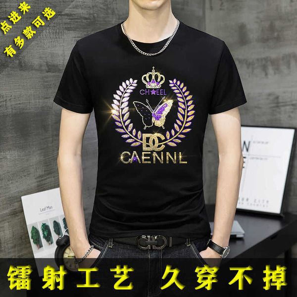 w0560 short sleeve men's 2021 summer new butterfly letter diamond trend slim handsome mercerized cotton t-shirt fashion, White;black
w0560 short sleeve men's 2021 summer new butterfly letter diamond trend slim handsome mercerized cotton t-shirt fashion, White;black