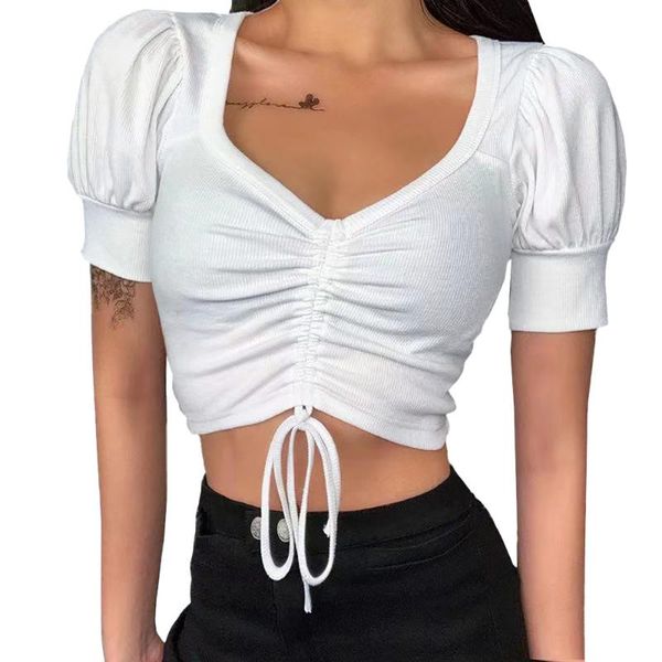 women's t-shirt t shirt navel crop women summer puff short sleeve solid v neck tee drawstring slim fashion female shirts d30, White