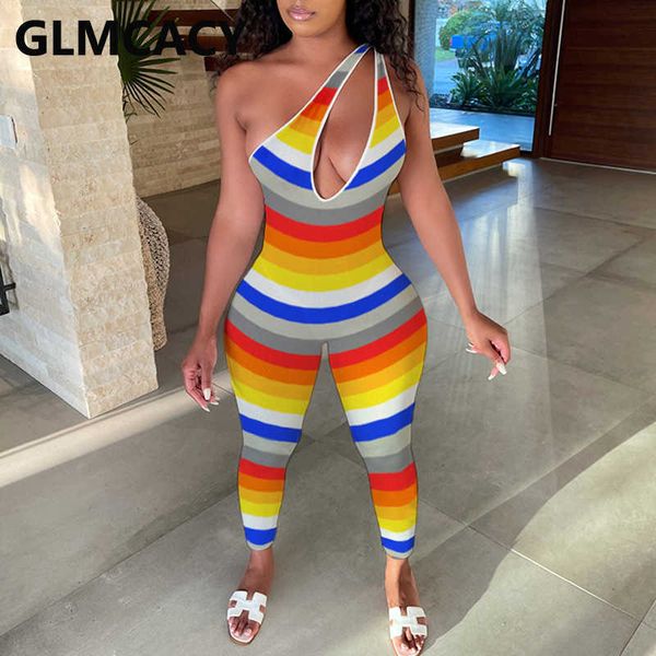 one shoulder striped skinny jumpsuit summer party overalls 210702, Black;white