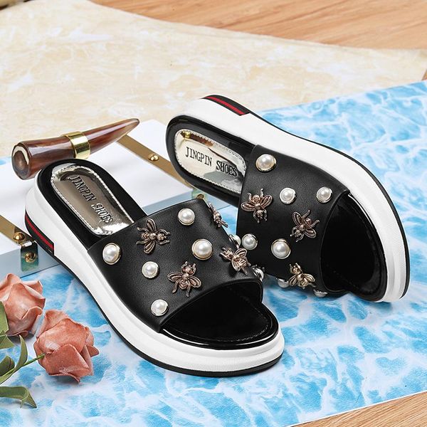 slippers fashion women thick sole leather ladies high heels wedges platform slides office slipper, Black
slippers fashion women thick sole leather ladies high heels wedges platform slides office slipper, Black