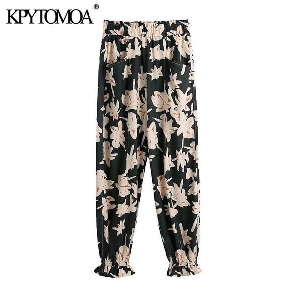 women fashion side pockets floral print pants vintage high elastic waist ruffled hem female ankle trousers mujer 210416, Black;white
women fashion side pockets floral print pants vintage high elastic waist ruffled hem female ankle trousers mujer 210416, Black;white