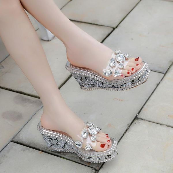 slippers exquisite crystal sequin temperament ladies high-heeled summer thick-soled wedges casual shoes for outer wear., Black
slippers exquisite crystal sequin temperament ladies high-heeled summer thick-soled wedges casual shoes for outer wear., Black