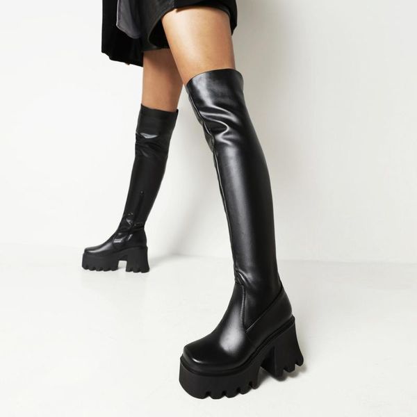 boots elastic thigh high women platform autumn winter over-knee-boots heels elegant fashion goth punk, Black