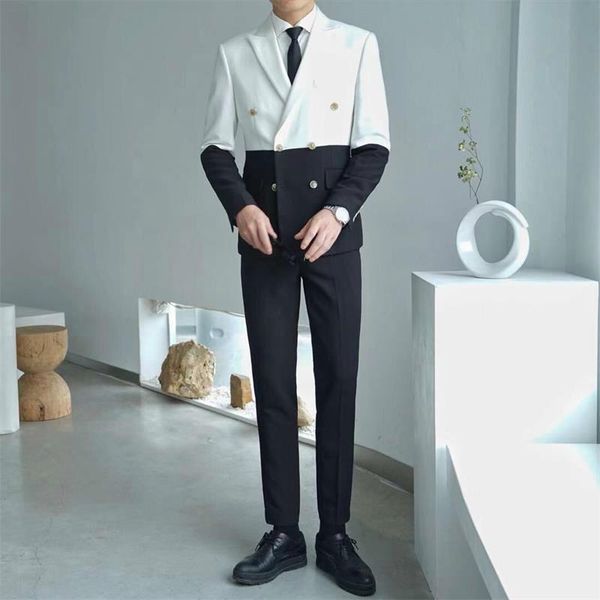 men's suits & blazers splice contrast color mens party fashion slim fit with pant prom doube breasted suit costume homme, White;black
men's suits & blazers splice contrast color mens party fashion slim fit with pant prom doube breasted suit costume homme, White;black