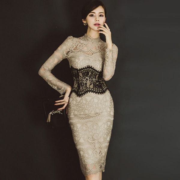 casual dresses quality spring stand neck full sleeve lace vestidos high waist pencil bodycon party dress 6t1n, Black;gray 
casual dresses quality spring stand neck full sleeve lace vestidos high waist pencil bodycon party dress 6t1n, Black;gray