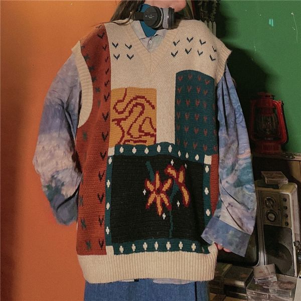 women harajuku vest fall vintage korean style printed sleeveless v-sleeveless pullovers knitted or crocheted sweater, White;black
women harajuku vest fall vintage korean style printed sleeveless v-sleeveless pullovers knitted or crocheted sweater, White;black