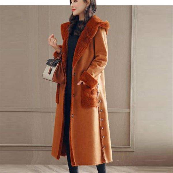 women's wool & blends winter suede plus velvet coat female korean long woolen jacket 2021 hooded womens thick lambswool warm parka k062, Black
women's wool & blends winter suede plus velvet coat female korean long woolen jacket 2021 hooded womens thick lambswool warm parka k062, Black