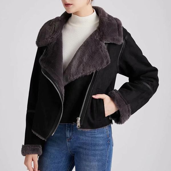 women's leather & faux trendy autumn winter women suede short jacket streetwear female lapel zipper moto biker coat thick warm outwear, Black
women's leather & faux trendy autumn winter women suede short jacket streetwear female lapel zipper moto biker coat thick warm outwear, Black