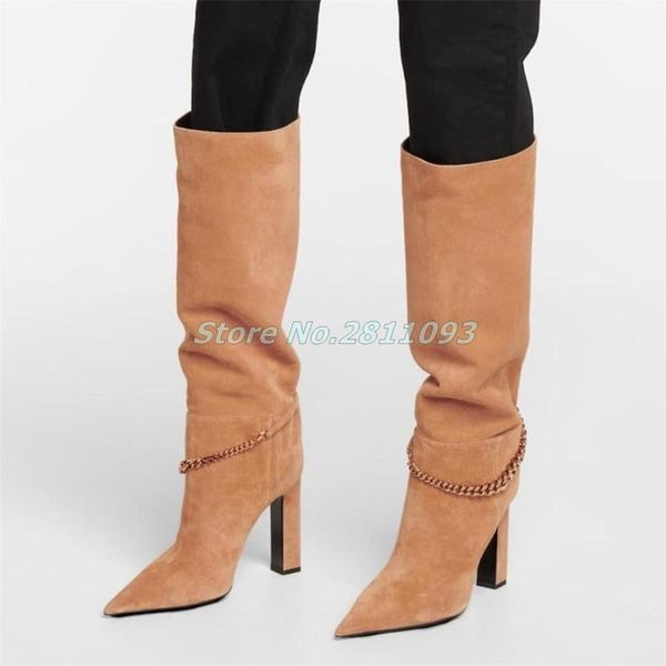 boots metal chain decor knee high block heel pointed toe slip on fashion women brown black est
boots metal chain decor knee high block heel pointed toe slip on fashion women brown black est